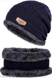 Warm wool winter beanie & scarf set, thick fleece lined, solid pattern for men and women