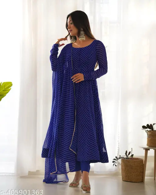 Pure Fox Georgette Laheriya print anarkali dress with dupatta set, three-quarter sleeves, XS to XXL sizes, ready-to-wear Indian fashion