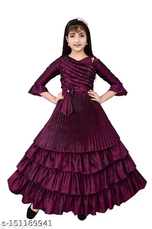 Solid silk girls plating gown, three-quarter sleeves, Indian handcrafted attire for 3-4 years (bust size 21in)