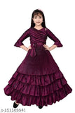Solid silk girls plating gown, three-quarter sleeves, Indian handcrafted attire for 3-4 years (bust size 21in)