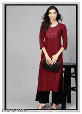 Maroon embroidered rayon kurta set with palazzo, women's premium quality black outfit, comfortable and stylish for parties or festivals