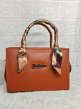 Tan PU sling handbag with black, white, gold scarf handle - stylish for girls & women, Indian origin