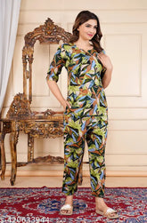 Rayon printed night suit top and pyjama coord set, comfortable sleepwear for women, matching pajamas in three-quarter sleeves, made in India