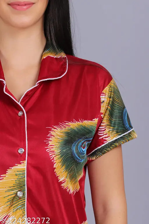 Peacock feather and pankh print satin nightwear set for women, featuring sleeveless nightgown and drawstring pyjama with front pocket