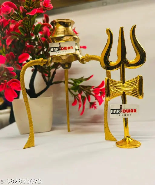 Brass Shiv trishul and lota set for Shivling, 12cm high, traditional Indian puja articles