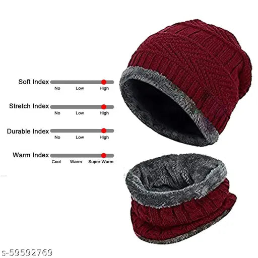 Maroon woolen premium quality beanie cap with neck warmer-scarf for men, featuring embroidered net design and soft fur fabric. Ideal for winter outdoor activities. Made in India