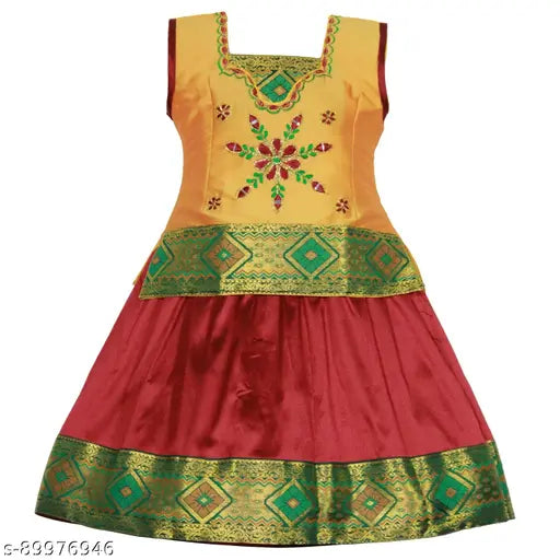 Cotton-silk Rathi Pattu Lehenga Choli with waist belt, floral design on 3-4 years girl, Indian traditional wear