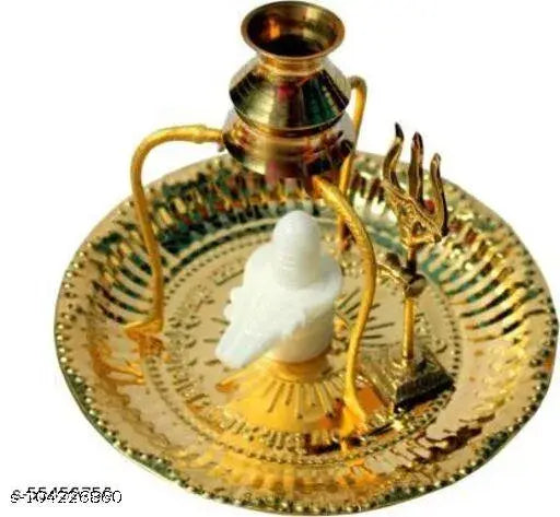 White Marble Shiva Lingam Set with Brass Accessories, decorative Indian puja thali for Shivling worship, dimension: 16x16x18 cm