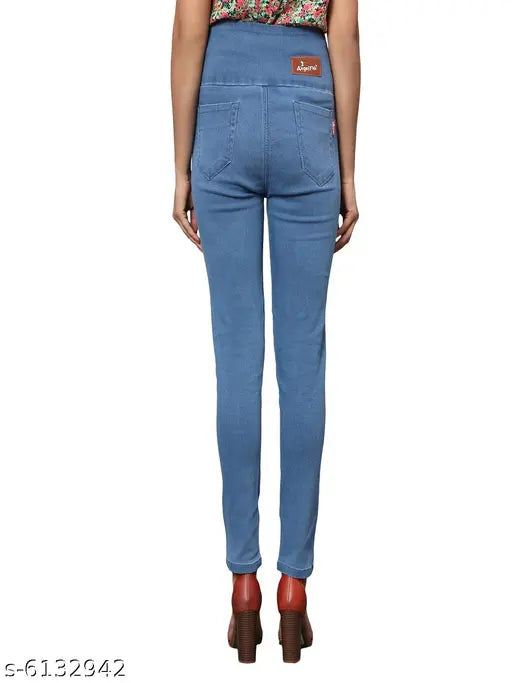 Denim skinny fit high waist stretchable jeggings Dxblue for women, solid color, ankle length on mannequin