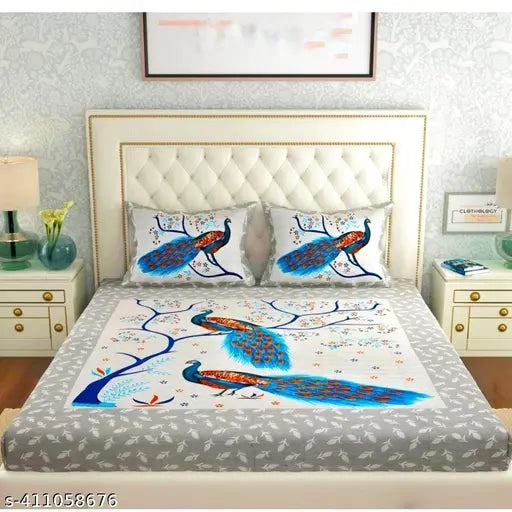 Peacock Print 140 TC Cotton Double Bed Sheet with Vibrant Pillow Covers - Summer-ready, soft and cozy 100% cotton bedding set