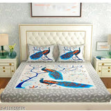 Peacock Print 140 TC Cotton Double Bed Sheet with Vibrant Pillow Covers - Summer-ready, soft and cozy 100% cotton bedding set