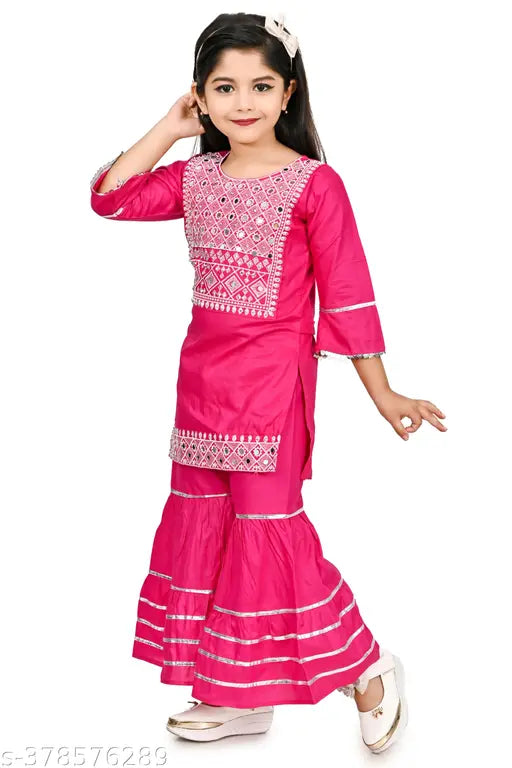 Rayon A-line Sharara Kurtis & Kurtas for girls (0-12 years), embroidered with three-quarter sleeves. Indian cotton fabric for comfort and style, perfect for parties or everyday wear
