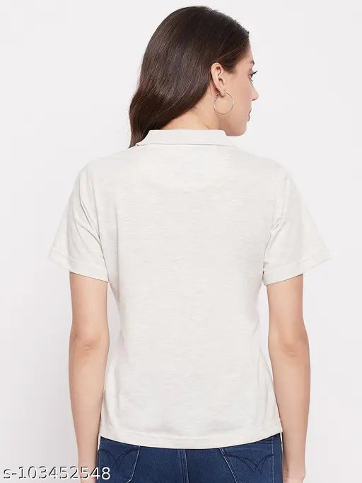 Grey cotton t-shirt, short sleeves, solid pattern by YUYAM - essential women's polo shirt from India