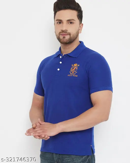 Blue polyester half-sleeve embroidered polo t-shirt for men with 'The Million Club' print, ideal for casual wear