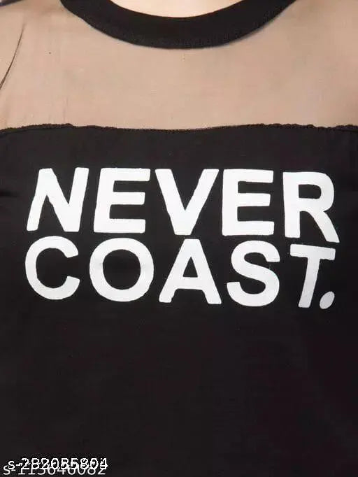 Black cotton crop top with Never Coast print and net detail, suitable for women's casual wear