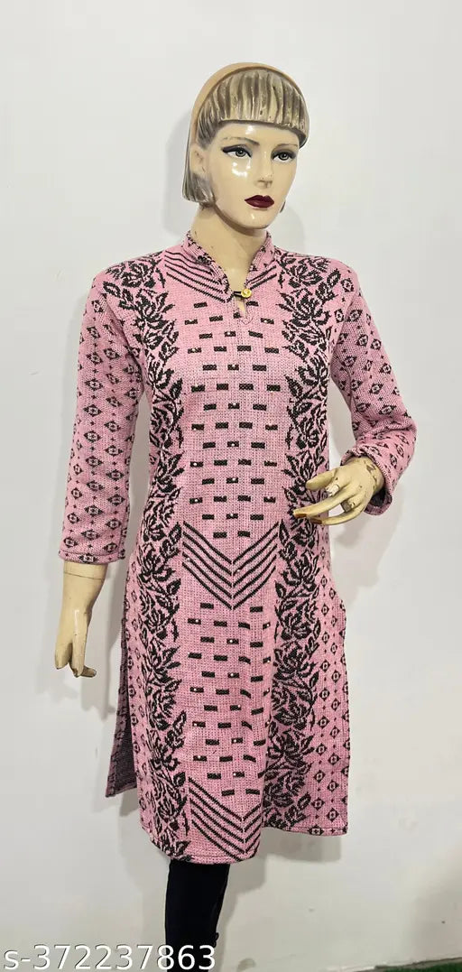 Pink woolen kurti for winter, printed combo of black and white flowers on three-quarter sleeves