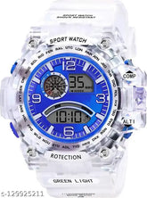 Blue digital transparent shockproof multi-functional watch with white strap, waterproof for men or boys