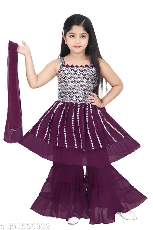 Indian embroidered georgette sharara set, knee-length anarkali for girls' festive wear