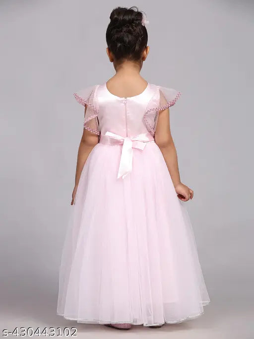 Pink net girls party gown, toy balloon embellished, short sleeves, suitable for 1-14 years