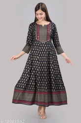 Black embellished printed rayon anarkali kurta with three-quarter sleeves, Indian women's fashion on mannequin