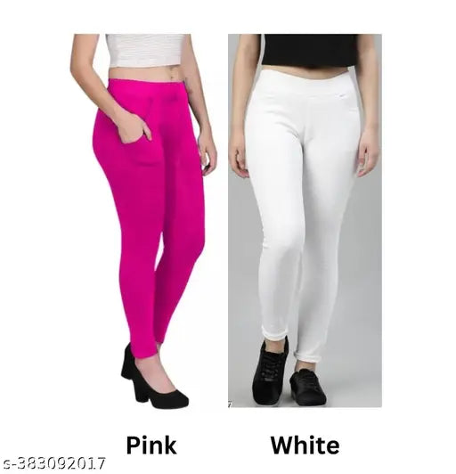 Pink cotton blend pocket jeggings pack of 2, ankle length with stretchable waist (26in-34in), free size