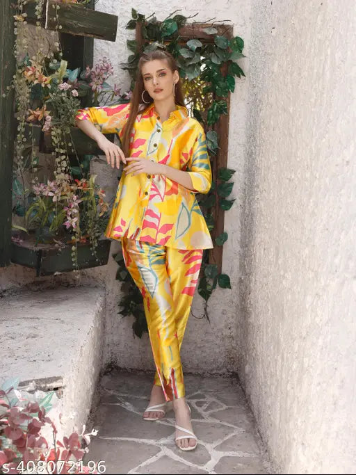 Light mustard premium satin lounge wear co-ord set for women, printed heavy satin with full inner, India origin