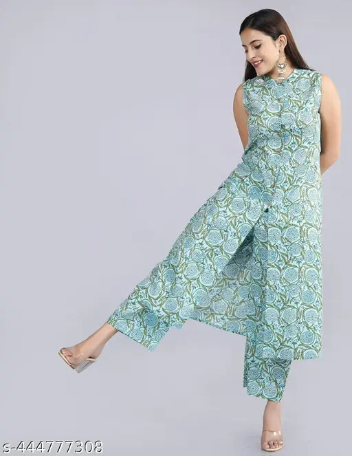 Green cotton kurta palazzo, sleeveless print net design for women, single size available, Indian handcrafted attire