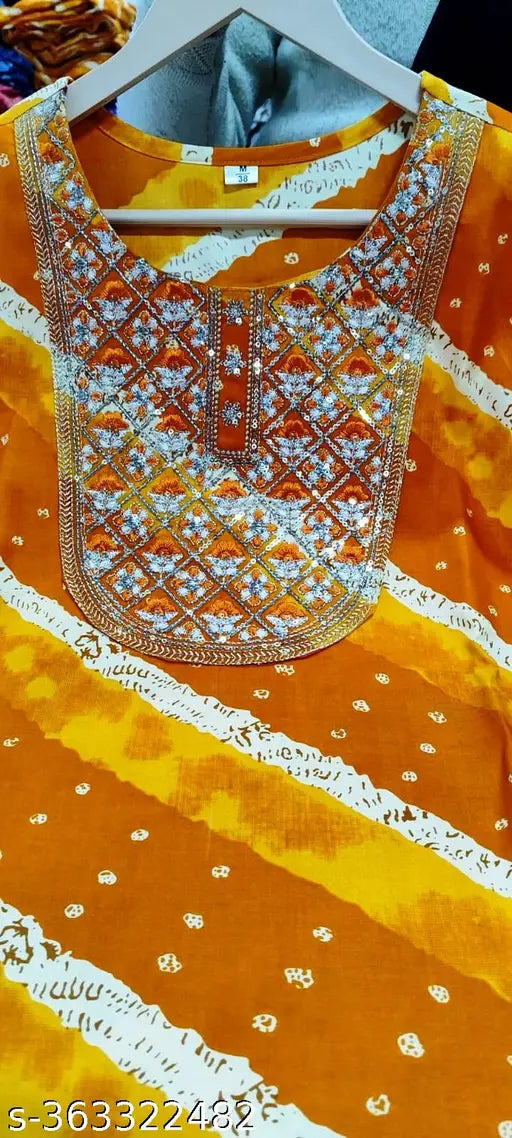 yellow rayon kurti for haldi ceremony, dyed/washed combo with orange lahariya print and embroidery work on neck, size M-XXXXL