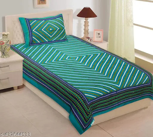Geometric-patterned cotton single bedsheet combo pack with 2 pillow covers, ideal for summer - VNV Creation