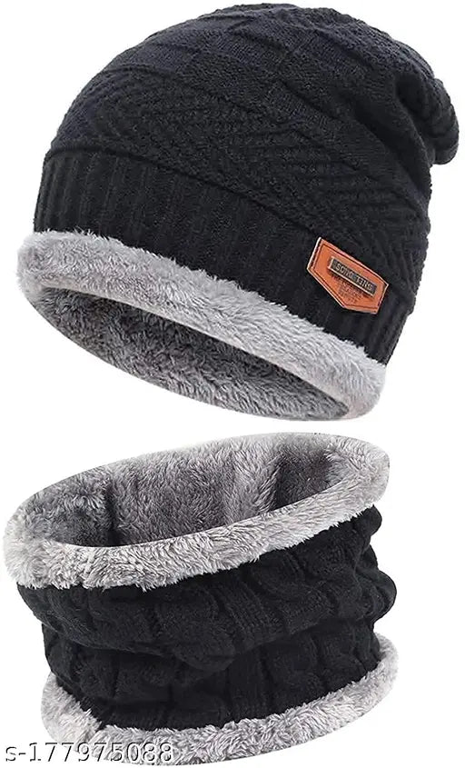 Woolen unisex bannie knit skull cap & neck warmer, both lined with fleece for super warm and cozy winter accessory, suitable for kids & adults, criss-cross basket weave design. Made in India