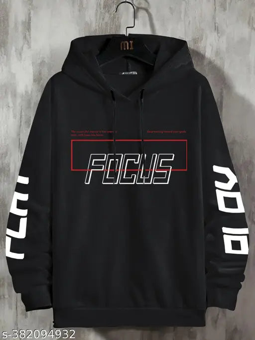 Black cottonblend slim fit men's hoodie with focus printed full sleeve, long sleeves and slim fit style