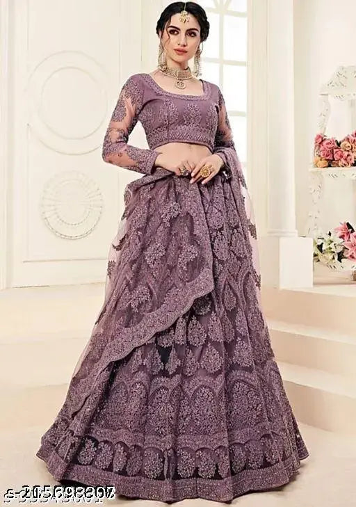 Embroidered Monrav net lehenga choli set with blouse piece, semi-stitched (42in waist, 41in length), Indian handcrafted designer traditional wear