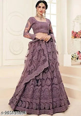Embroidered Monrav net lehenga choli set with blouse piece, semi-stitched (42in waist, 41in length), Indian handcrafted designer traditional wear