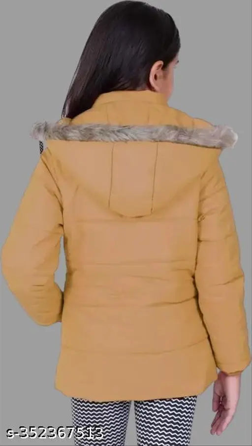 Polyester girls winter jacket, solid pattern, perfect for casual, parties, or photoshoots. Ideal baby shower gift for autumn/winter wear. Made in India, soft, comfortable, and vibrant. Size: 7-8 Years