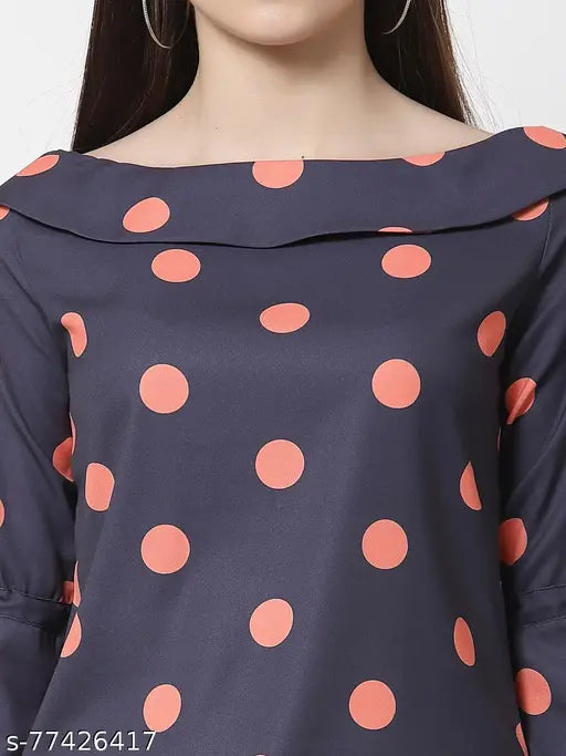 Navy Blue Print Crepe Top by Style Quotient, three-quarter sleeves, polyester fabric, printed pattern. Women's top with flat collar and tie-up sleeve, India origin