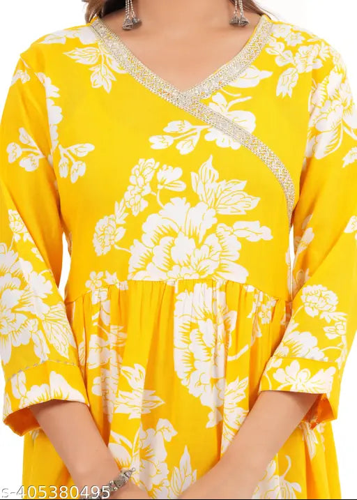 Rayon printed Angrakha stylish kurti by Tundwal Textile, three-quarter sleeve Indian fashion