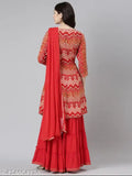 Embroidered rayon Sharara suit party wear with dupatta and bottomwear, vibrant Indian festive clothing on model