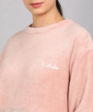 Pink wool winter nightsuit pack, solid wood fabric, women's fitted pajamas with long sleeves, printed net design, hand wash only