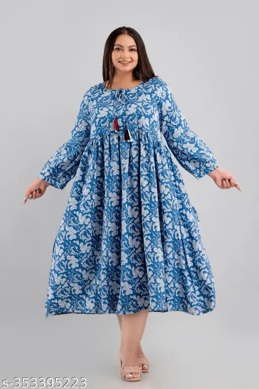 Plus size cotton kurti, three-quarter sleeves, printed combo. Beautiful plus size long gathered kurti in India