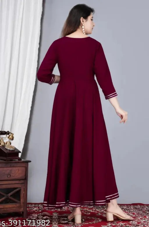 Maroon rayon embroidered three-quarter sleeve gown for women, size S (36in bust, 48in length)
