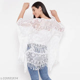 White cotton lace kaftan top, three-quarter sleeves, printed pattern, Ruhaan's women's kaftan India