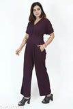 Wine red women's jumpsuit, solid polyester with stretch, available in plus sizes and designer look