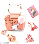 Pink unicorn sling bag with matching comb mirror and glitter clips for girls, free size, animal print pattern