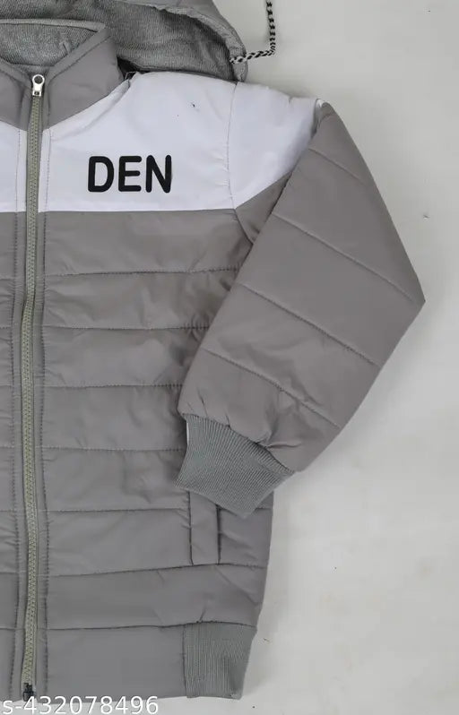 Gray polyester boy jacket with long sleeves and printed pattern. Kids comfortable jacket in sizes 2-3, 3-4, 4-5, 5-6, 6-7, and 7-8 years