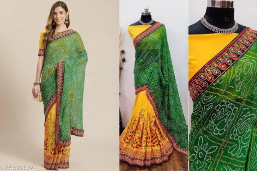 Embroidered Bandhani Georgette and Vichitra Silk Saree with Kutchi thread work, India
