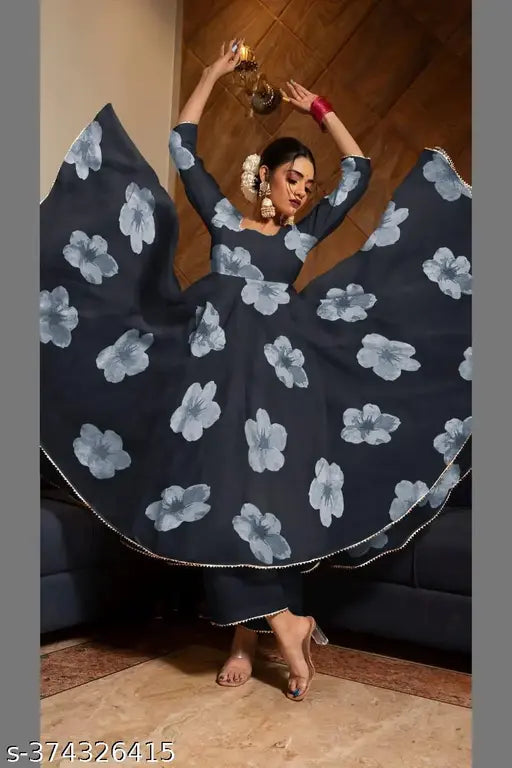 White Georgette Anarkali gown set with dupatta & bottom wear for women & girls, intricate printed design