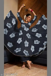 White Georgette Anarkali gown set with dupatta & bottom wear for women & girls, intricate printed design