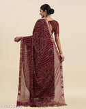 Maroon chiffon printed saree with separate blouse piece, Indian handloom fashion accessory