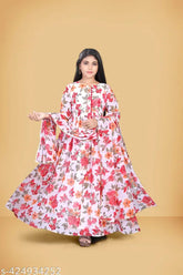 Pink rayon Georgette Anarkali gown with three-quarter sleeves, printed net pattern. Women's ethnic wear for contemporary casual fashion. Indian design, various sizes available