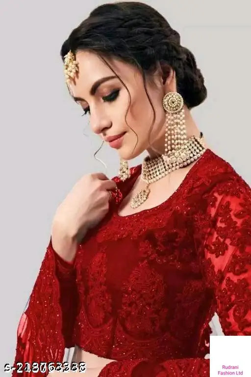 Maroon net lehenga-dhavani with embellished top and dupatta, semi-stitched size 42x44 inches, handcrafted Indian fashion